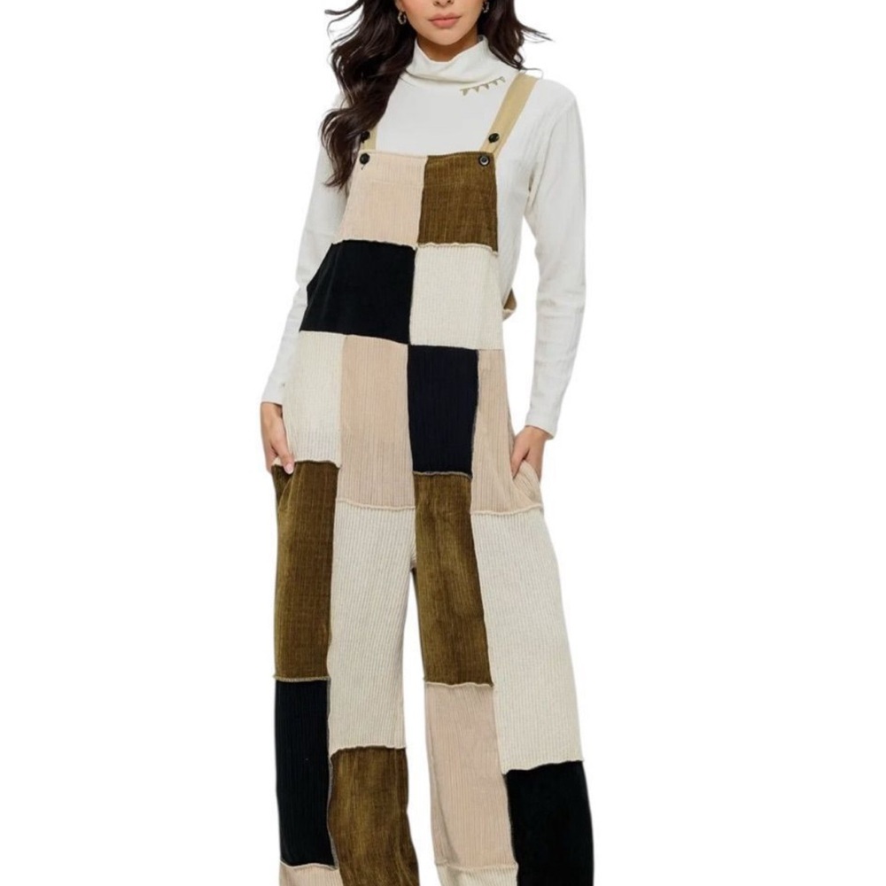 Patchwork Knit Corduroy Jumpsuit - Multicolor